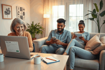An image of a person happily using a laptop to apply for a loan online, representing ease and speed in securing financial assistance.