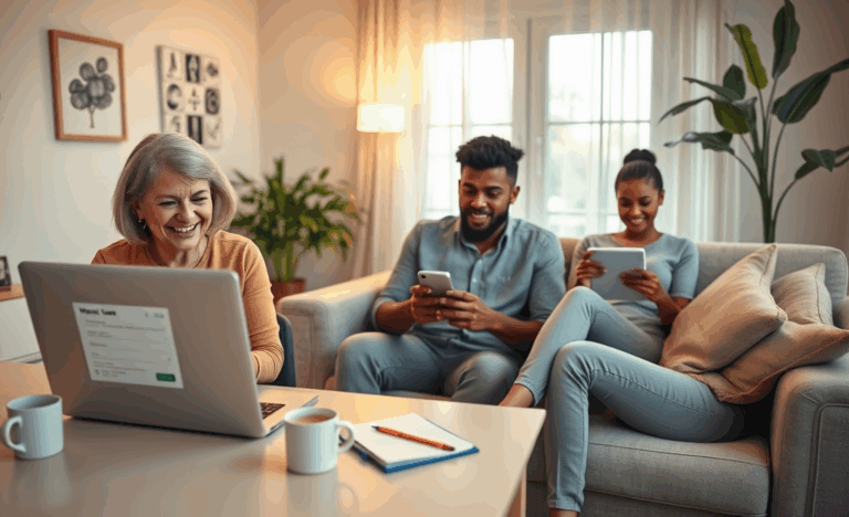 An image of a person happily using a laptop to apply for a loan online, representing ease and speed in securing financial assistance.