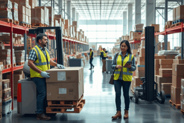 Image of a warehouse with employees working and managing inventory.