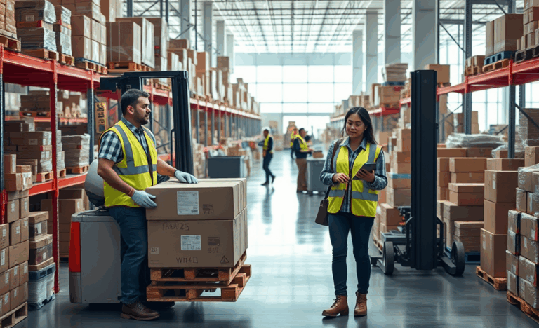 Image of a warehouse with employees working and managing inventory.
