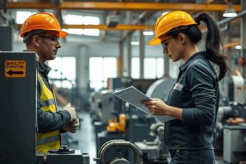 A machine operator working on equipment in a manufacturing setting.