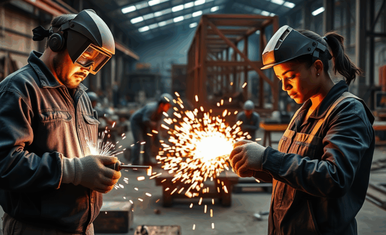 A skilled welder working on a metal structure, showcasing the demand for welder positions with competitive hourly rates.