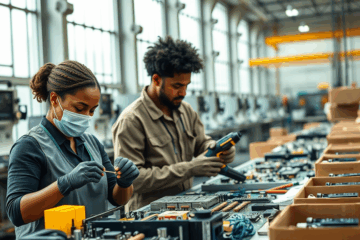 Workers assembling components in a manufacturing setting.