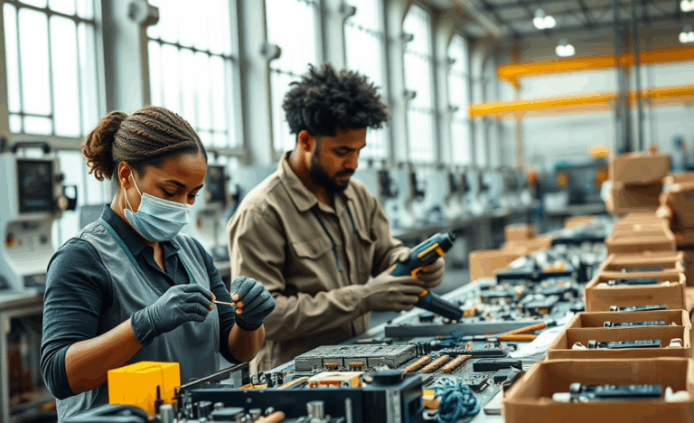 Workers assembling components in a manufacturing setting.