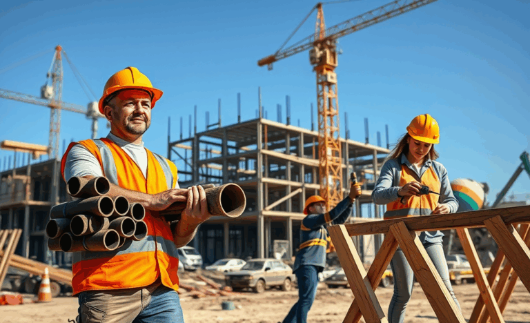 Image of a construction site with laborers working as construction helpers.