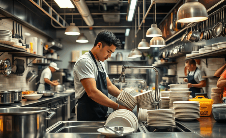 A busy kitchen with dishwashers working efficiently to keep dishes clean and organized.