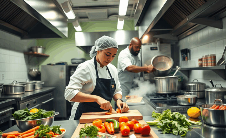 A busy kitchen with a prep cook preparing ingredients and cooking.