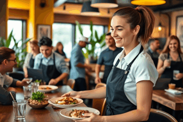 A welcoming restaurant environment with servers attending to customers.
