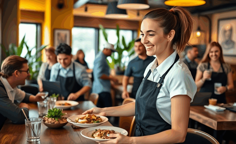 A welcoming restaurant environment with servers attending to customers.