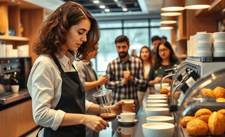A barista preparing coffee in a bustling café environment.