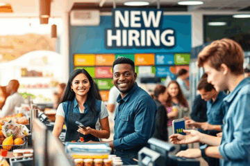 Job openings for cashiers offering $15–17 per hour with flexible schedules.