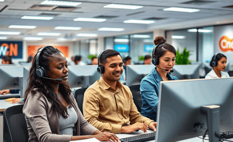 A diverse group of call center agents assisting customers on the phone.
