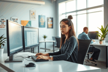 A graphic depicting data entry tasks with a laptop and paperwork.
