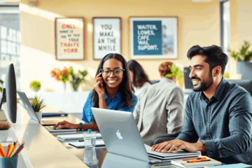 A professional office environment with an office assistant working at a desk.