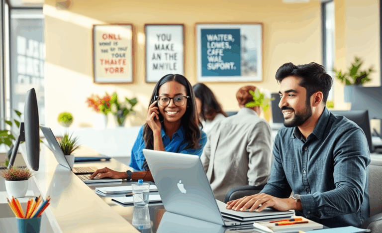 A professional office environment with an office assistant working at a desk.