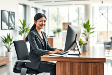 A professional receptionist assisting clients at the front desk.
