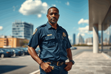 A professional security guard monitoring an area for safety.