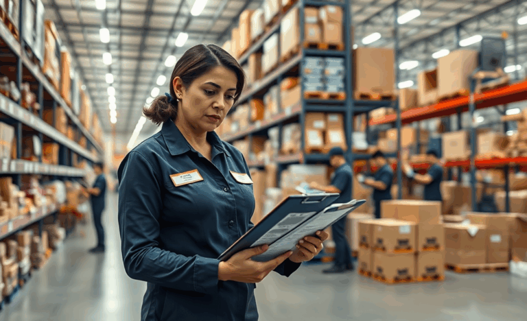 Inventory Clerk managing stock and records in the warehouse