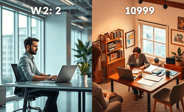 Comparison of W-2 and 1099 contracts highlighting benefits and tax implications.