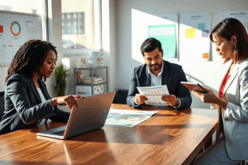 An image depicting various deceptive advertising examples and a person analyzing them for fraud detection.