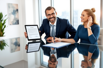 A digital representation of electronic contracts and signatures signifying quick approval.