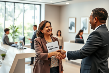 Person receiving instant approval for a loan at a bank