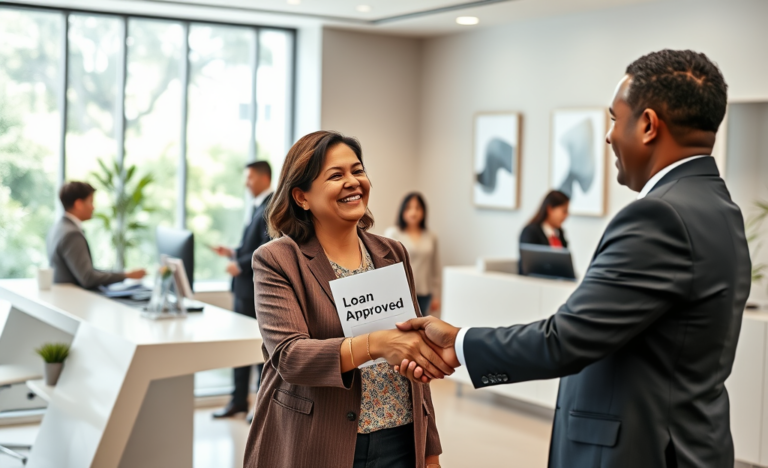 Person receiving instant approval for a loan at a bank